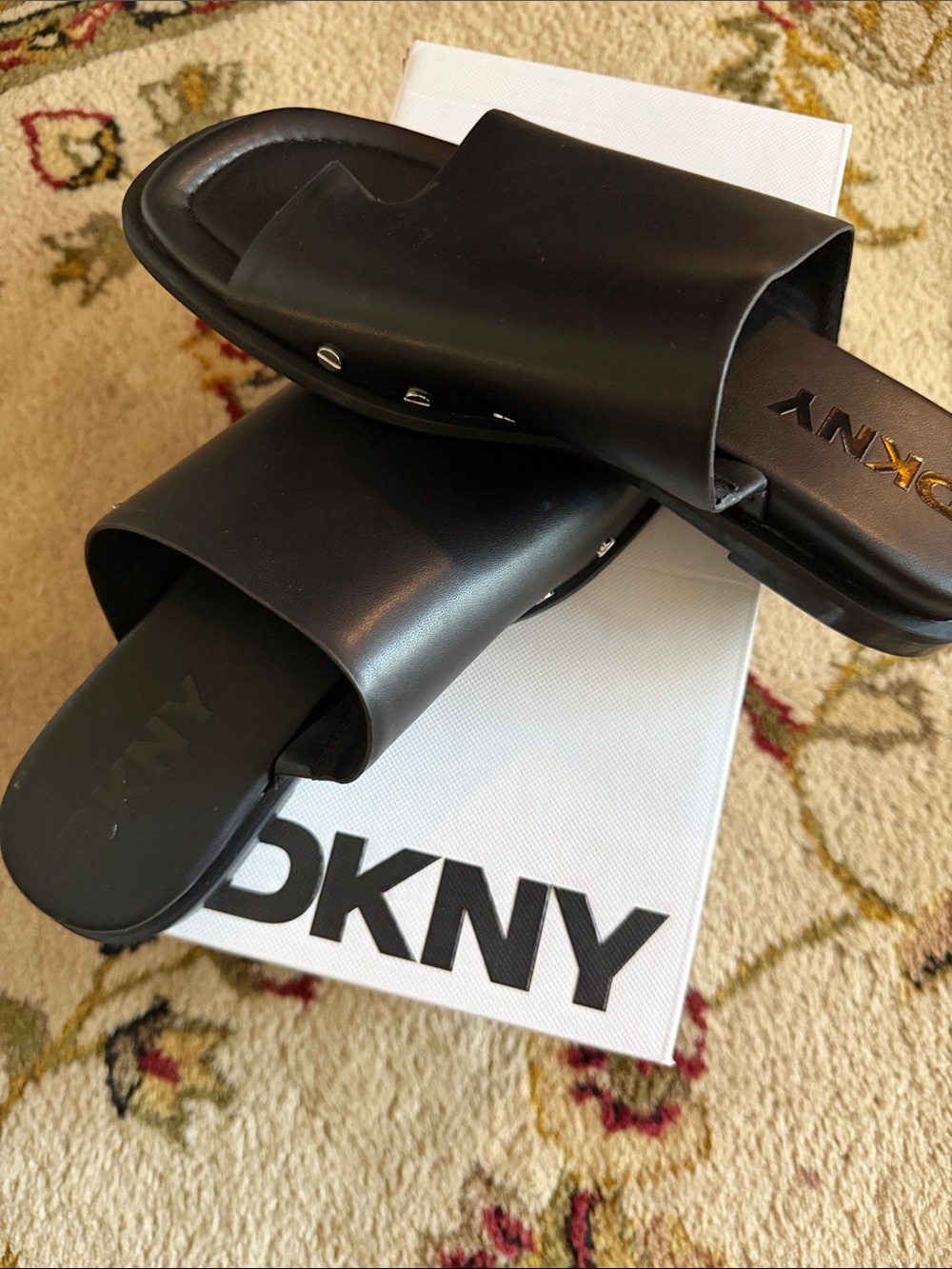 DKNY Black Wide Strap Slide Sandals